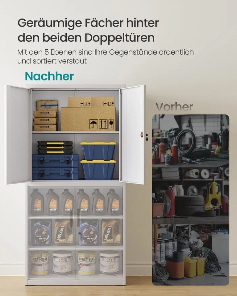 SONGMICS Aktenschrank Mehrzweckschrank Stahl-Aufbewahrungsschrank 5 Ebenen 4 Türen 40 x 60/80 x 180 cm 2 Schlösser verstellbare Ablagen - Bild 3