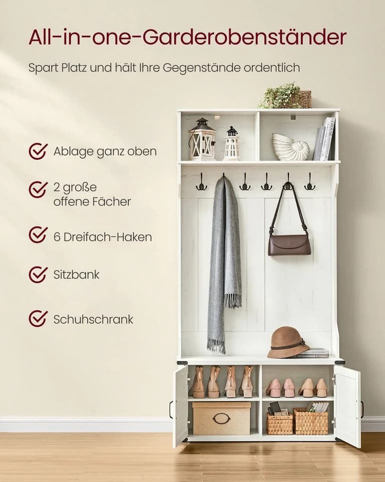 VASAGLE Garderobenständer mit Schuhbank und Schuhschrank, 6 Dreifach-Haken - Bild 4