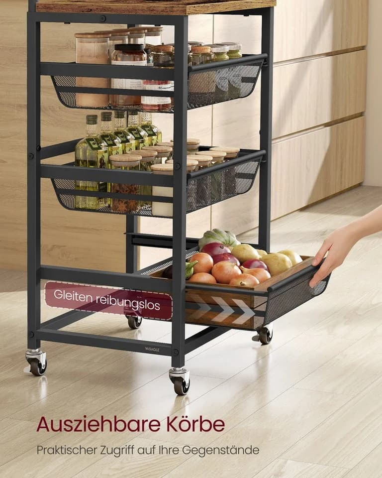 VASAGLE Beistellwagen Servierwagen 4/5 Ebenen Rollwagen 31,7 x 40 x 76/95 cm