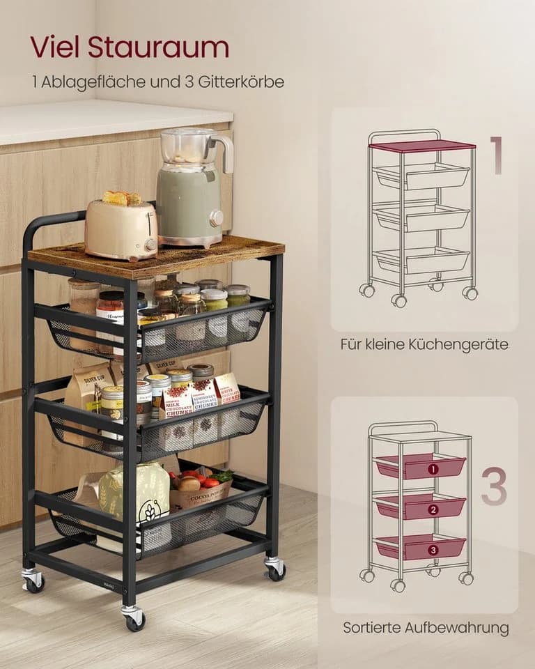VASAGLE Beistellwagen Servierwagen 4/5 Ebenen Rollwagen 31,7 x 40 x 76/95 cm - Bild 3