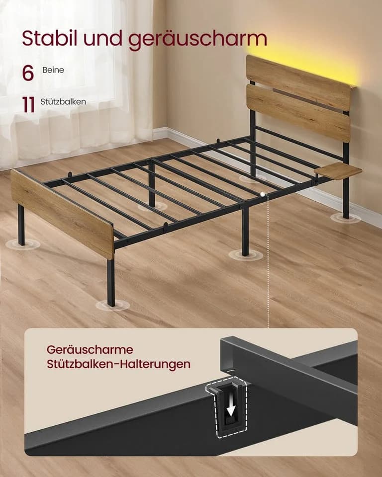 VASAGLE Bettgestell 90 x 200 cm Metallrahmen LED-Beleuchtung Braun - Bild 4