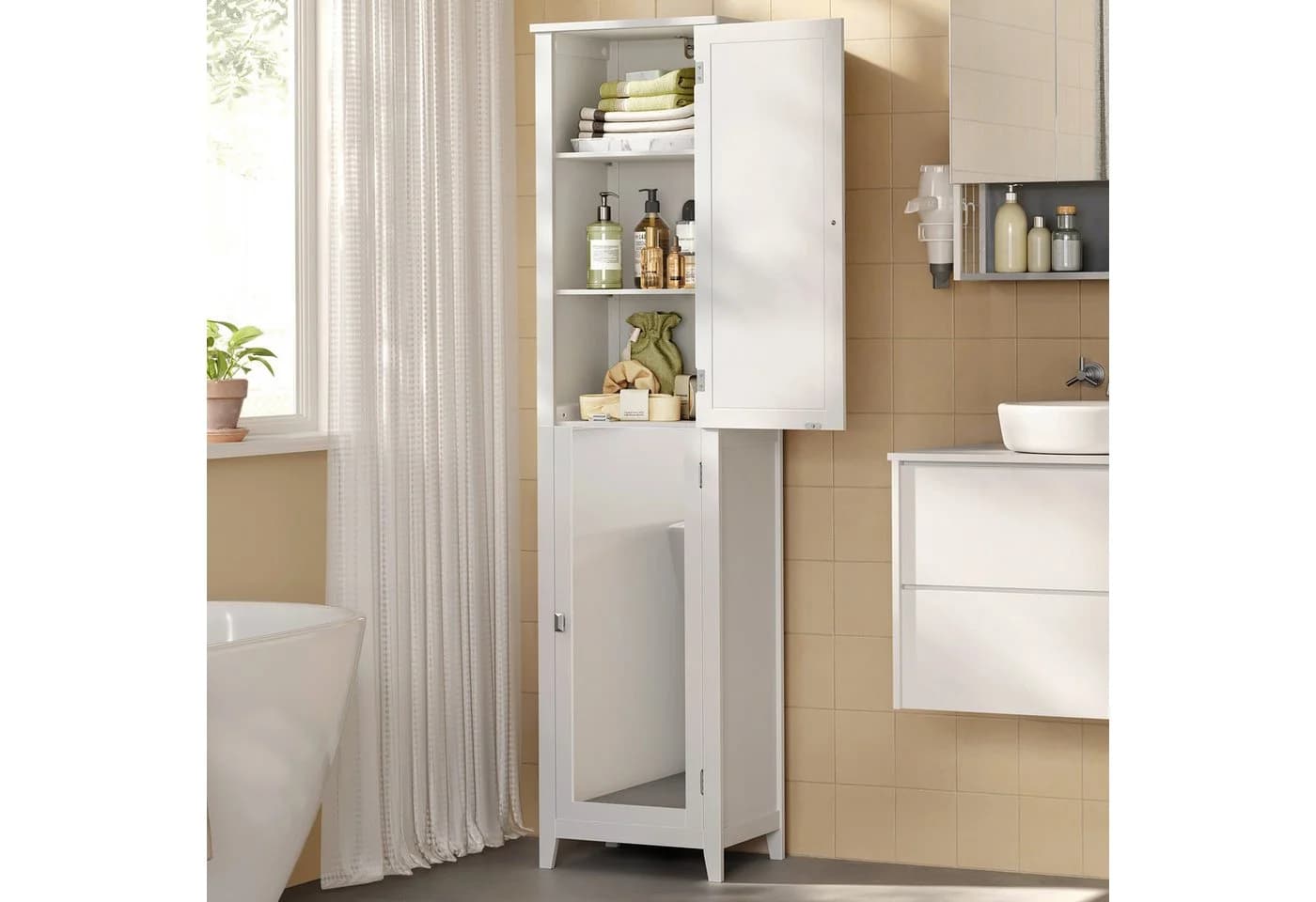 VASAGLE Badkommode Badezimmerschrank Hochschrank Badschrank mit Ganzkörperspiegel
