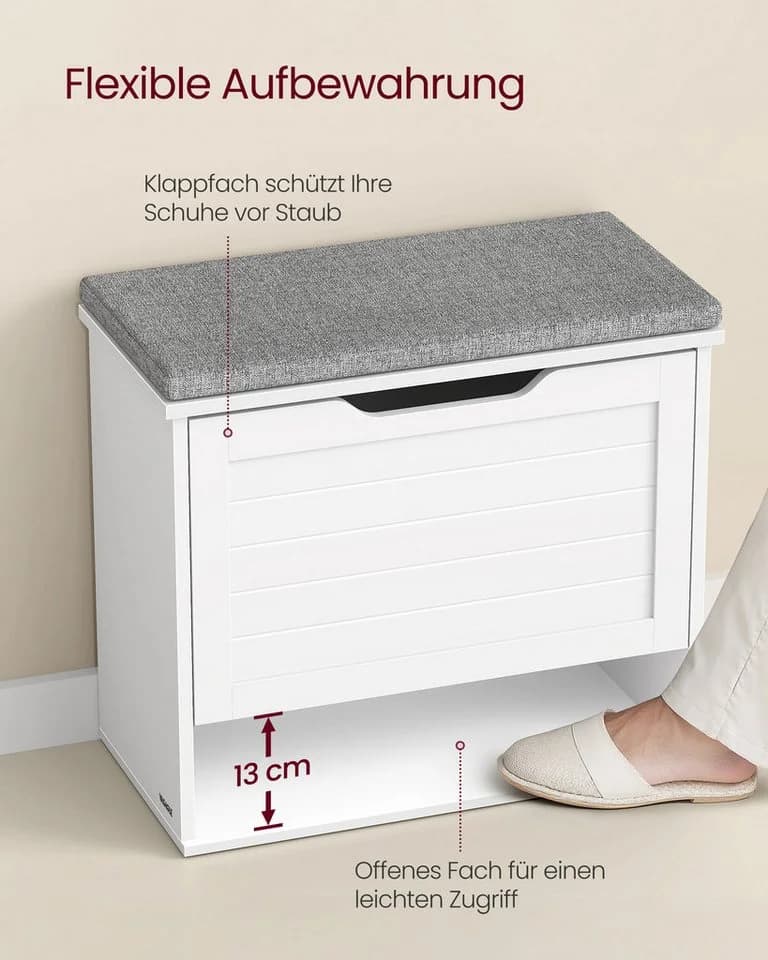 VASAGLE Schuhbank Sitzbank Klappfach Sitzkissen 30x60x53,5 cm Weiß-Grau - Bild 3