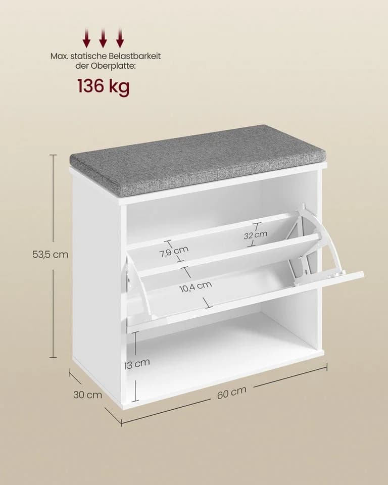 VASAGLE Schuhbank Sitzbank Klappfach Sitzkissen 30x60x53,5 cm Weiß-Grau - Bild 4
