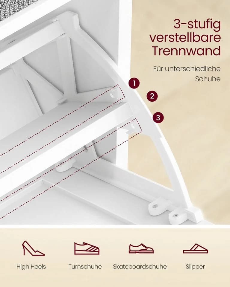VASAGLE Schuhbank Sitzbank Klappfach Sitzkissen 30x60x53,5 cm Weiß-Grau - Bild 5
