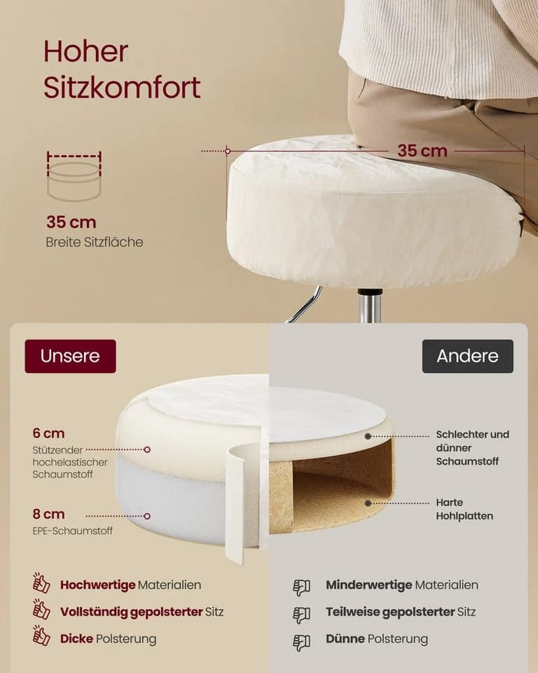 VASAGLE Barhocker Schminktischr Drehhocker 2 St. Cremeweiß PU 360° drehbar - Bild 5