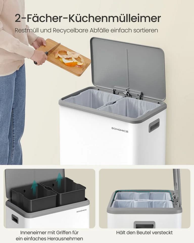 SONGMICS Mülleimer Küche Mülltrennsystem 2x30L Edelstahl - Bild 4