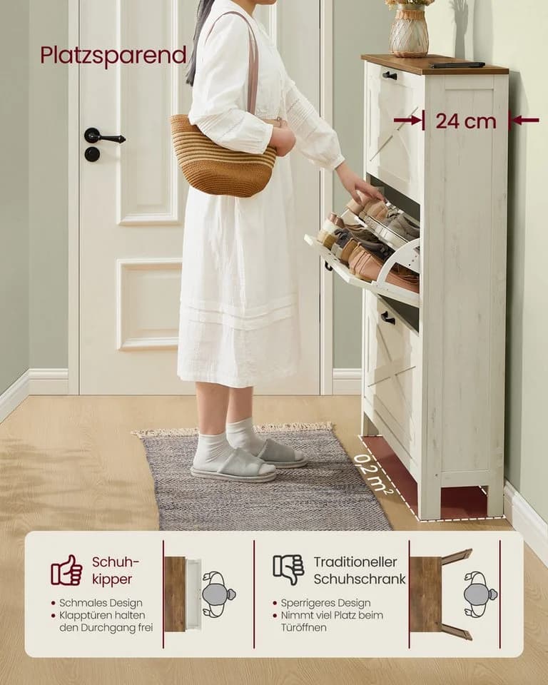 VASAGLE Schuhschrank Landhausstil 3 Klappen 18-24 Paar Schuhe - Bild 3