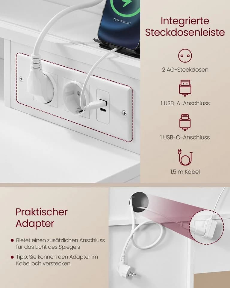 VASAGLE Schminktisch mit Spiegel und LED-Leuchten, Steckdosenleiste, 9 Schubladen, 10x Vergrößerungsspiegel, Werkzeuglose Gleitschienen - Bild 5
