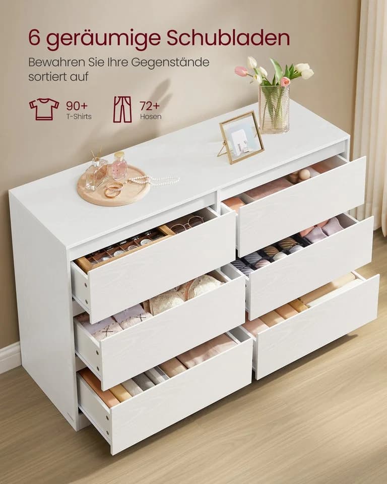 VASAGLE Kommode 6 Schubladen Schneeweiß Modern