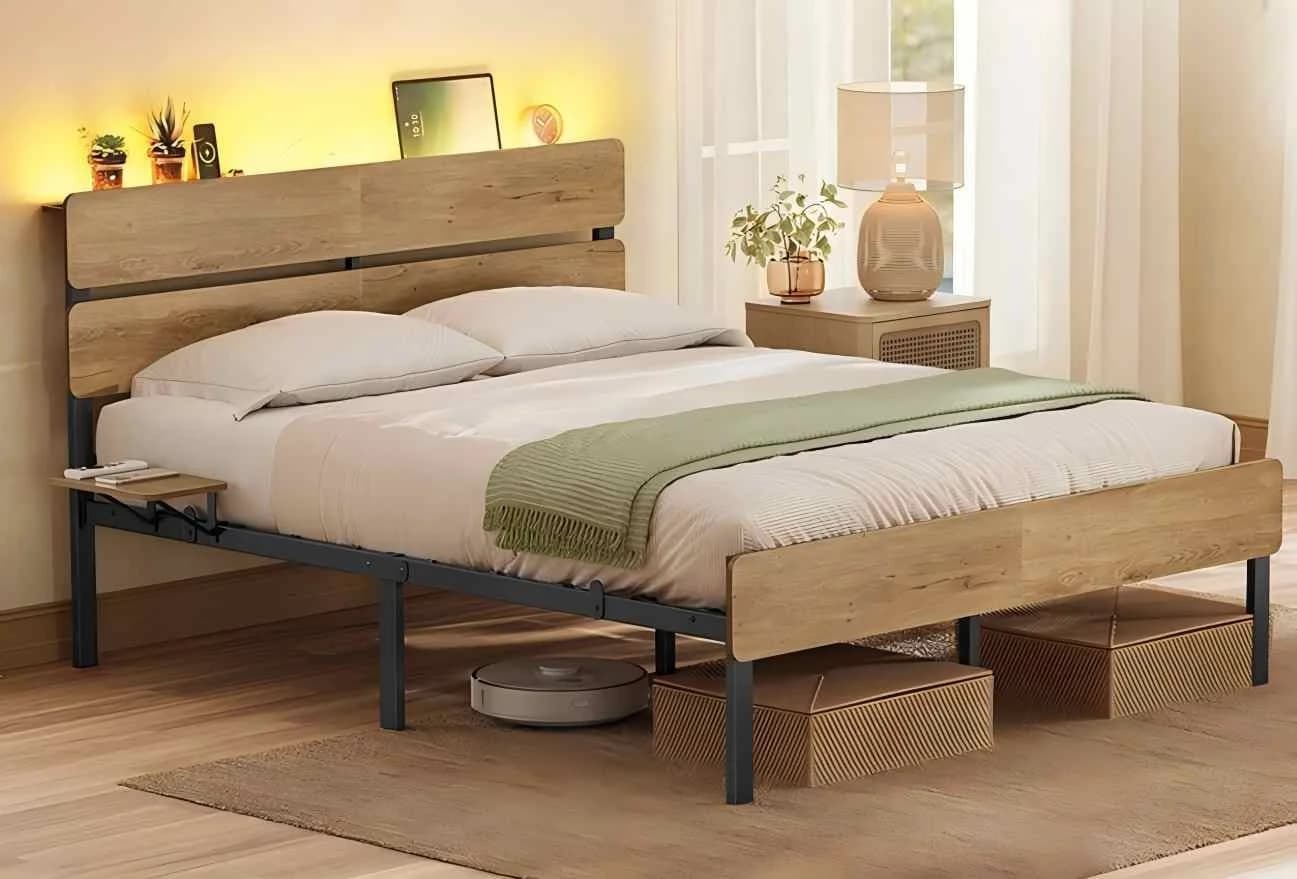 VASAGLE Bettgestell 140x200 cm Braun Metallrahmen LED-Beleuchtung - Bild 2