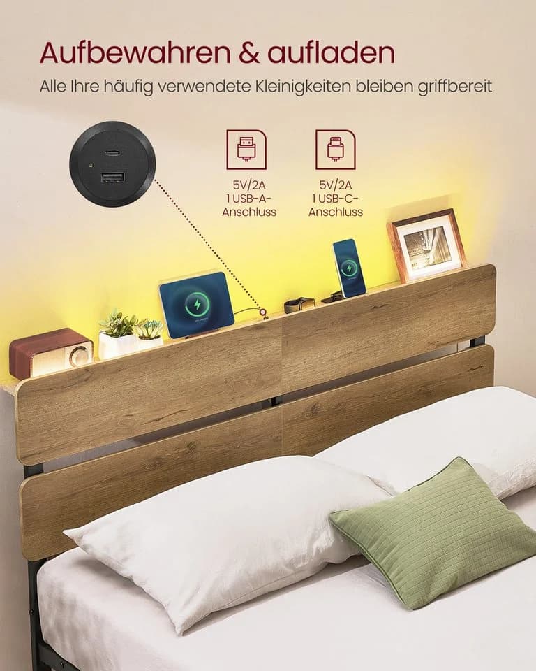 VASAGLE Bettgestell 140x200 cm Braun Metallrahmen LED-Beleuchtung - Bild 3