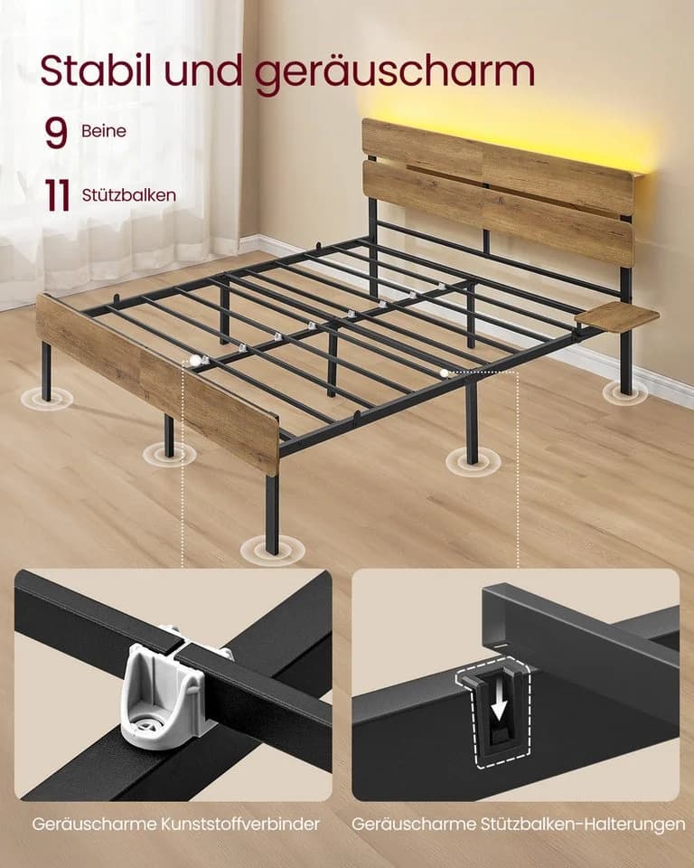 VASAGLE Bettgestell 140x200 cm Braun Metallrahmen LED-Beleuchtung - Bild 4