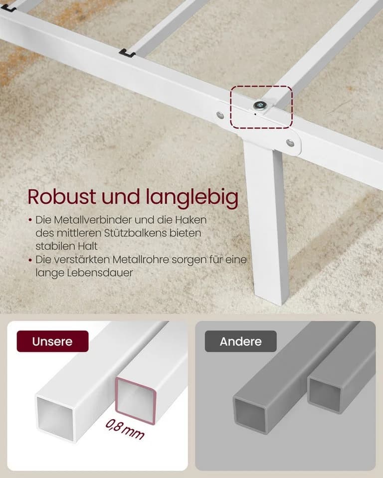 VASAGLE Bettgestell Metall Bettrahmen Weiß Hochtragfähig - Bild 3