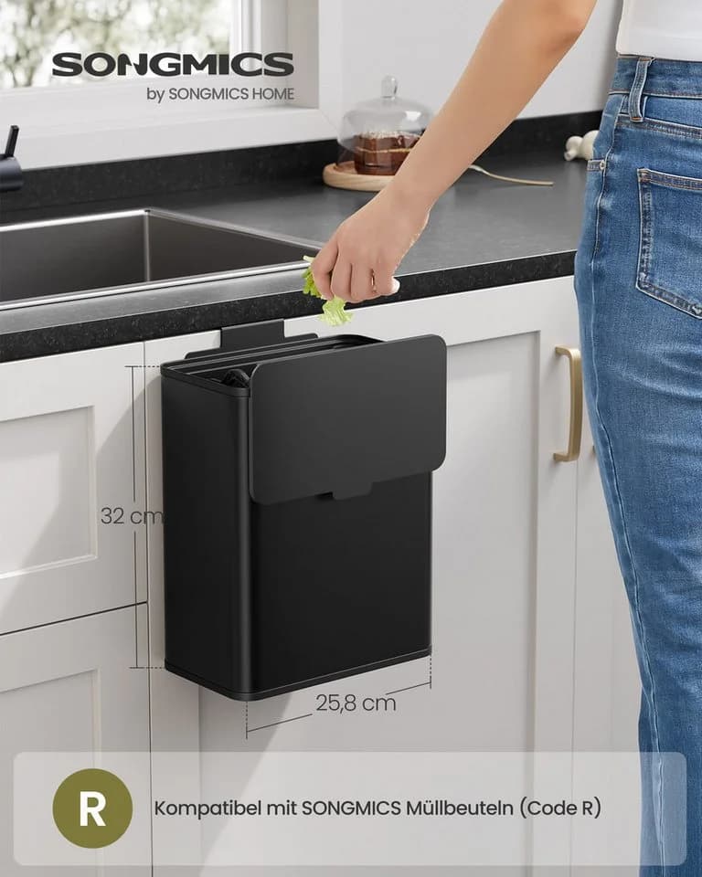 SONGMICS Mülleimer hängend 8L Stahl mit Deckel schwarz