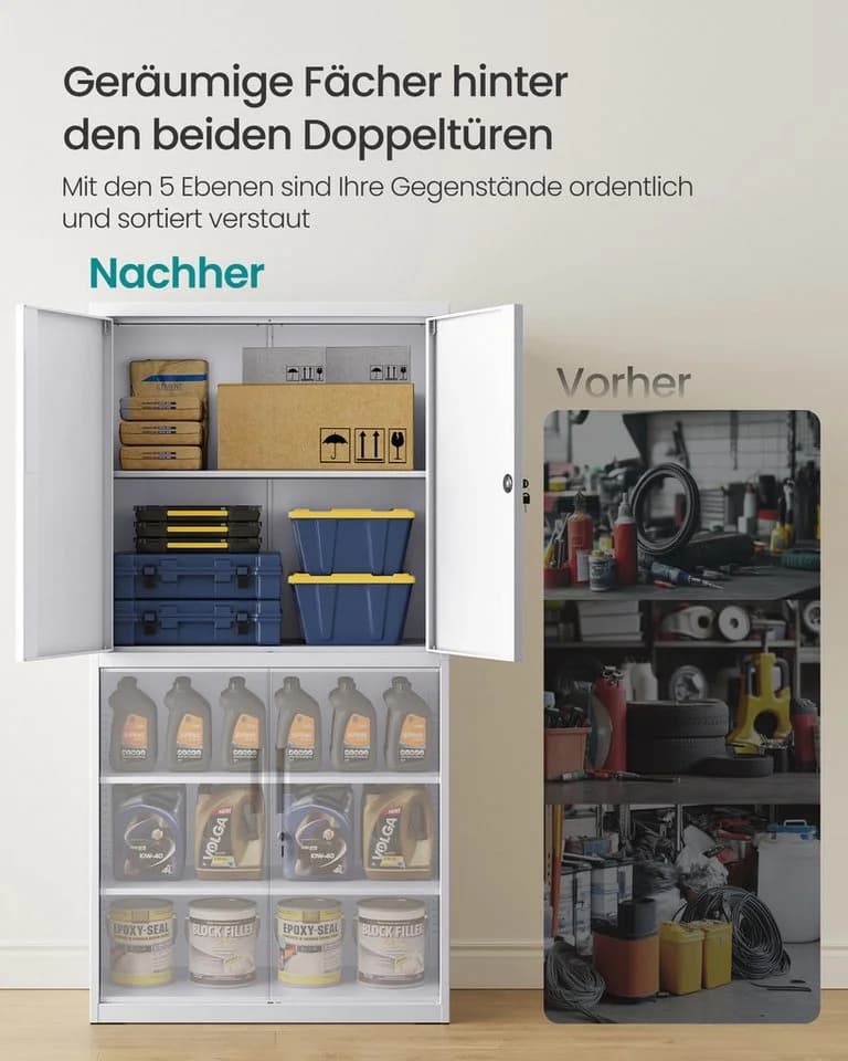 SONGMICS Aktenschrank Mehrzweckschrank Stahl-Aufbewahrungsschrank 5 Ebenen 4 Türen 40 x 60/80 x 180 cm 2 Schlösser verstellbare Ablagen - Bild 3