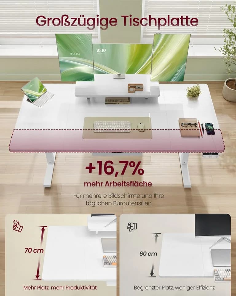 VASAGLE Schreibtisch Höhenverstellbarer Monitorständer Schublade USB-C Vintagebraun/Wolkenweiß - Bild 3