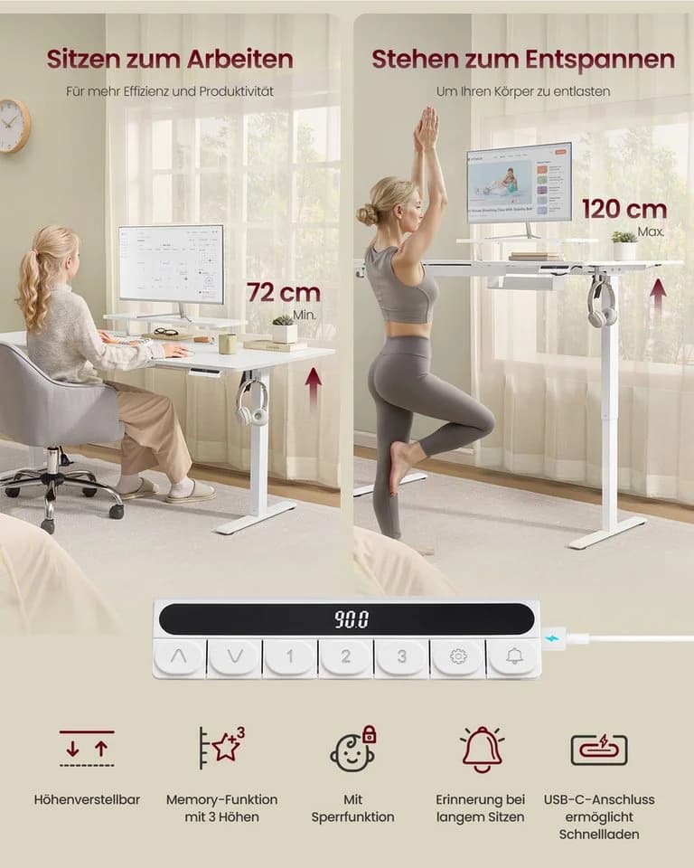 VASAGLE Schreibtisch Höhenverstellbarer Monitorständer Schublade USB-C Vintagebraun/Wolkenweiß - Bild 5