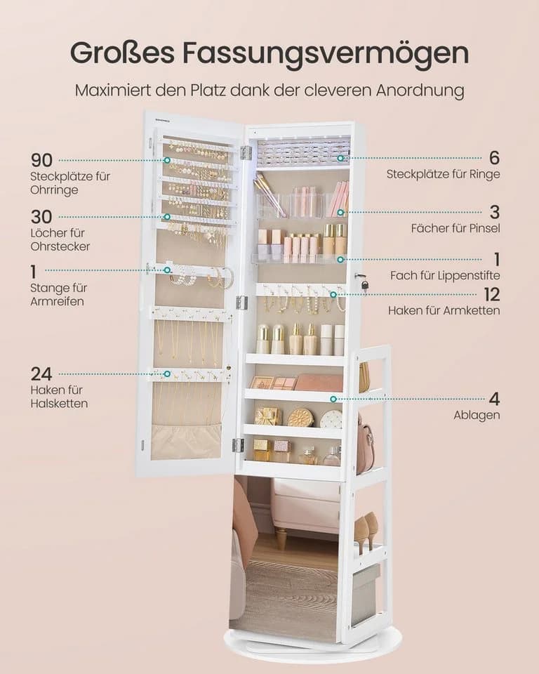 SONGMICS Schmuckschrank 360° drehbar mit LED-Beleuchtung Wolkenweiß - Bild 4