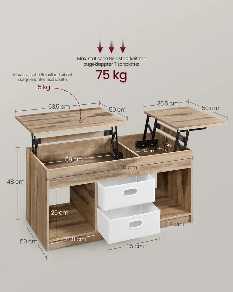 VASAGLE Couchtisch Wohnzimmertisch multifunktionaler Esstisch viel Stauraum - Bild 3