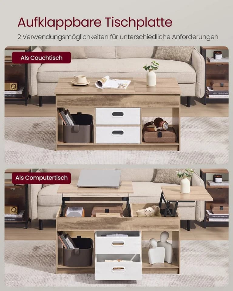 VASAGLE Couchtisch Wohnzimmertisch multifunktionaler Esstisch viel Stauraum - Bild 4