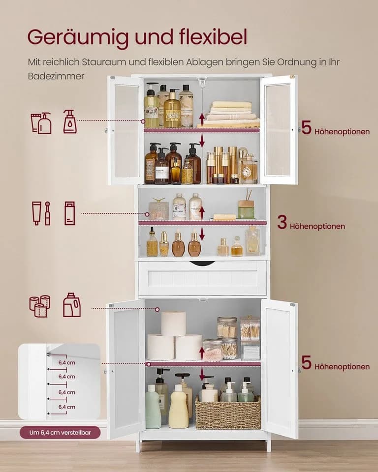 VASAGLE Badezimmerschrank Wolkenweiß mit verstellbaren Ablagen, Schublade, offenen Fächern - Bild 4