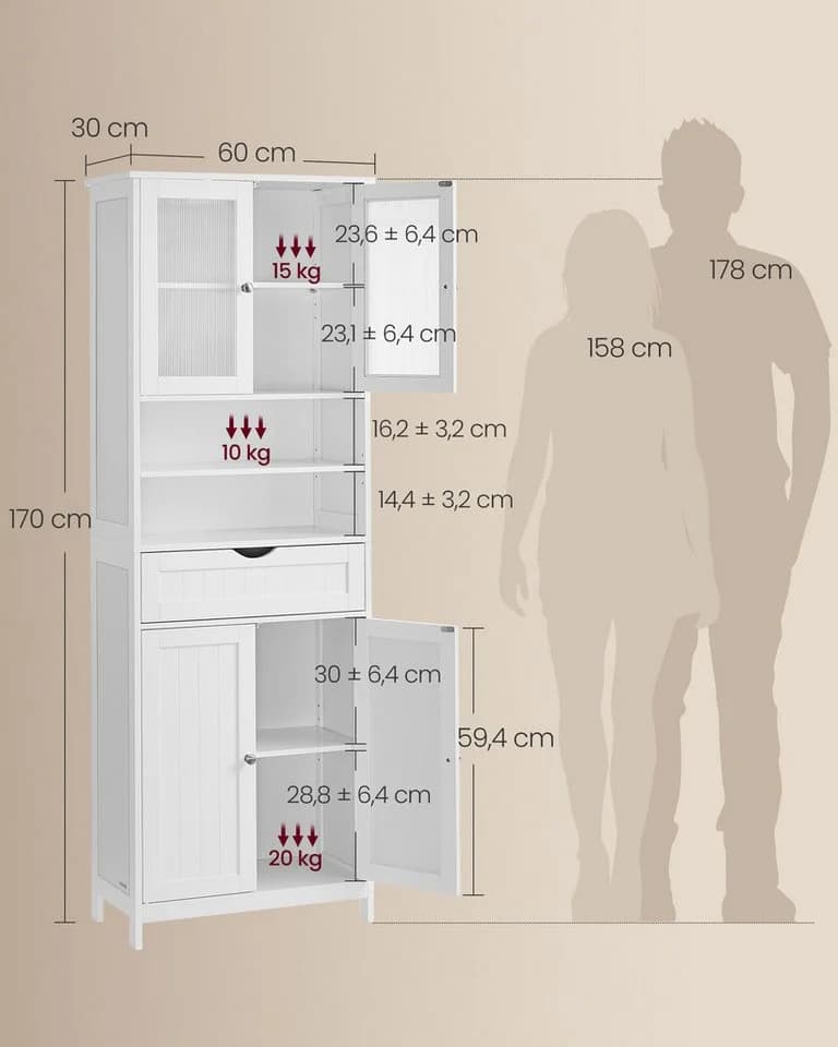 VASAGLE Badezimmerschrank Wolkenweiß mit verstellbaren Ablagen, Schublade, offenen Fächern - Bild 5