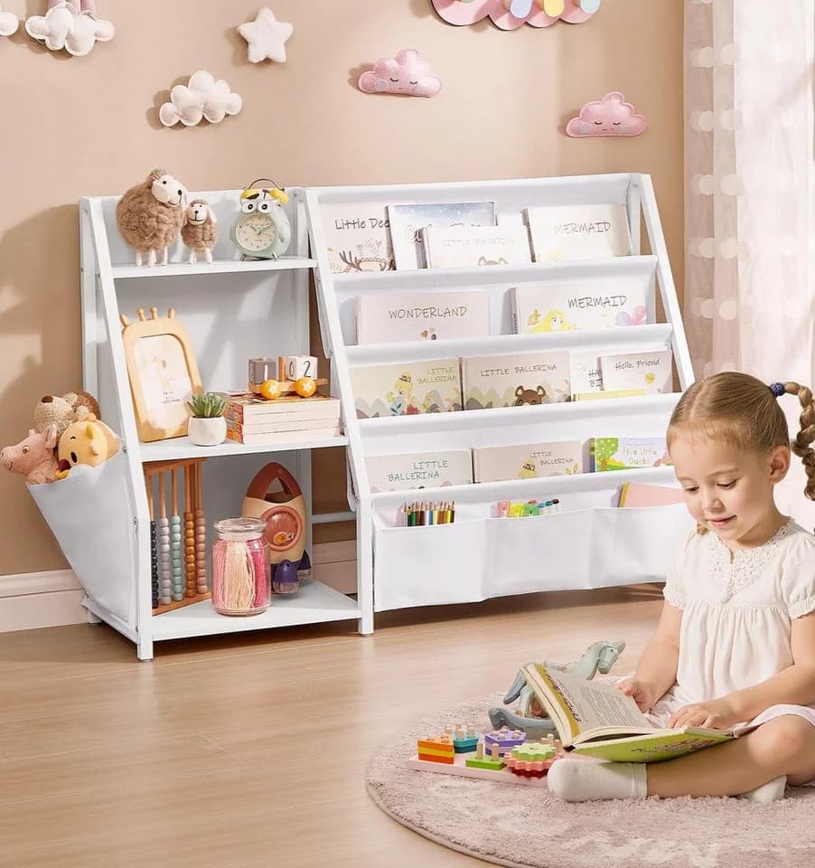 SONGMICS Spielzeugregal Bücherregal Kinder Spielzeugregal Seitentasche 75 cm Weiß