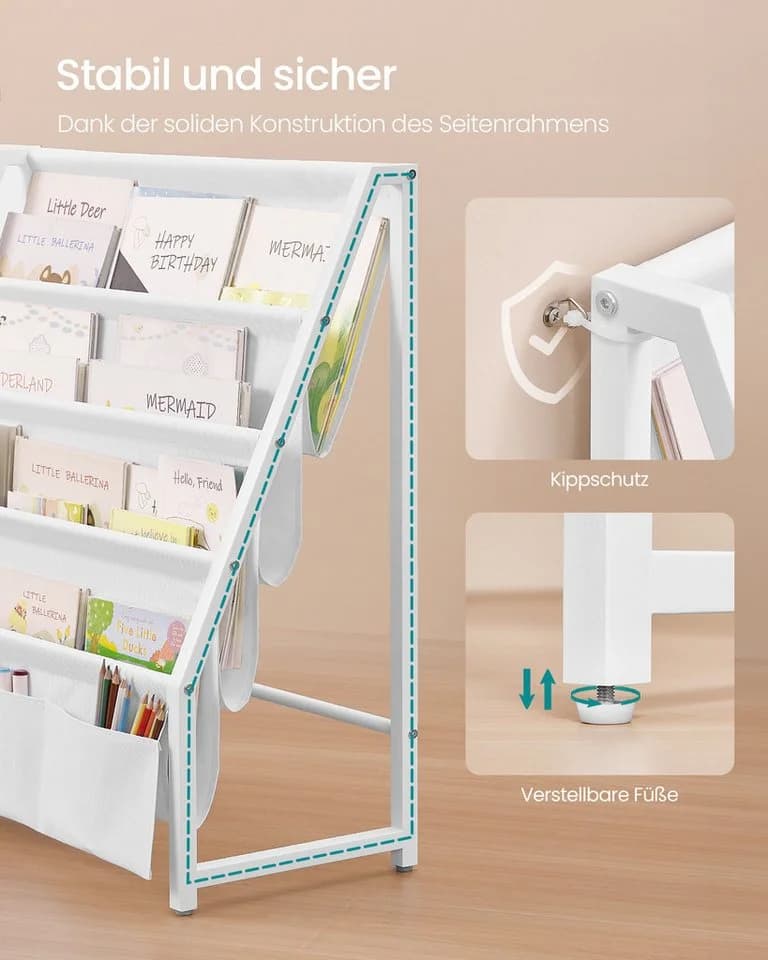 SONGMICS Spielzeugregal Bücherregal Kinder Spielzeugregal Seitentasche 75 cm Weiß - Bild 4