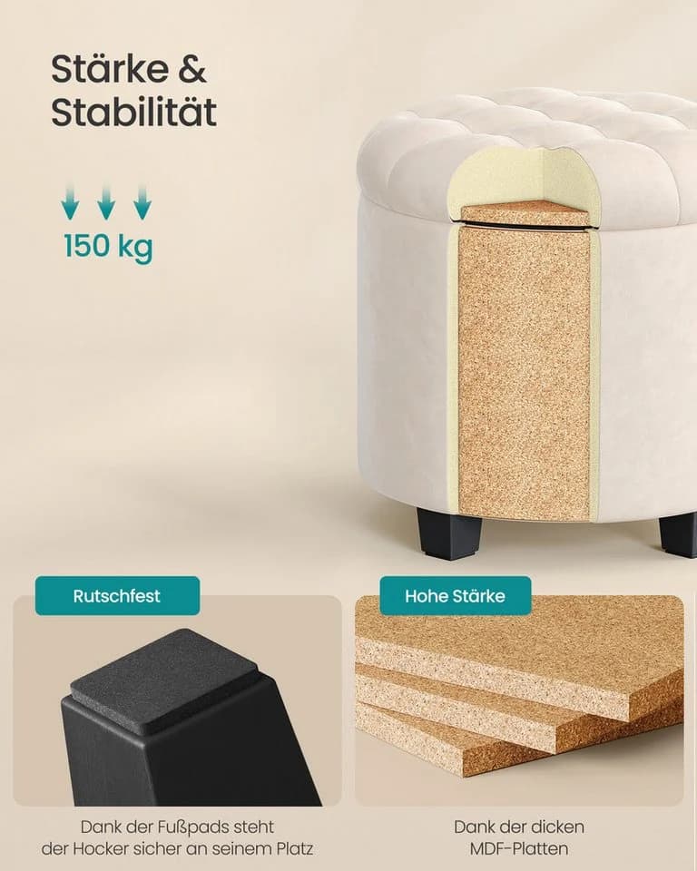 SONGMICS Sitzhocker, Fußhocker mit Stauraum, Schminkhocker mit Beinen Cremeweiß - Bild 4