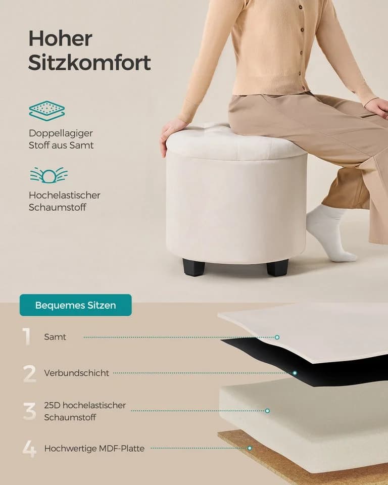 SONGMICS Sitzhocker, Fußhocker mit Stauraum, Schminkhocker mit Beinen Cremeweiß - Bild 5