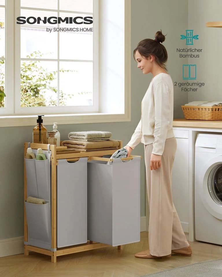SONGMICS Wäschekorb 3 Fächer Bambus Wäschesammler 150 L Wäschesortierer