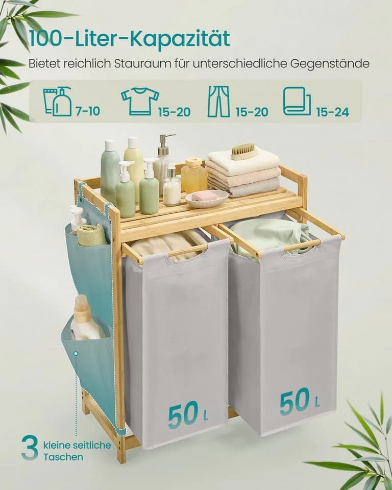 SONGMICS Wäschekorb 3 Fächer Bambus Wäschesammler 150 L Wäschesortierer - Bild 3