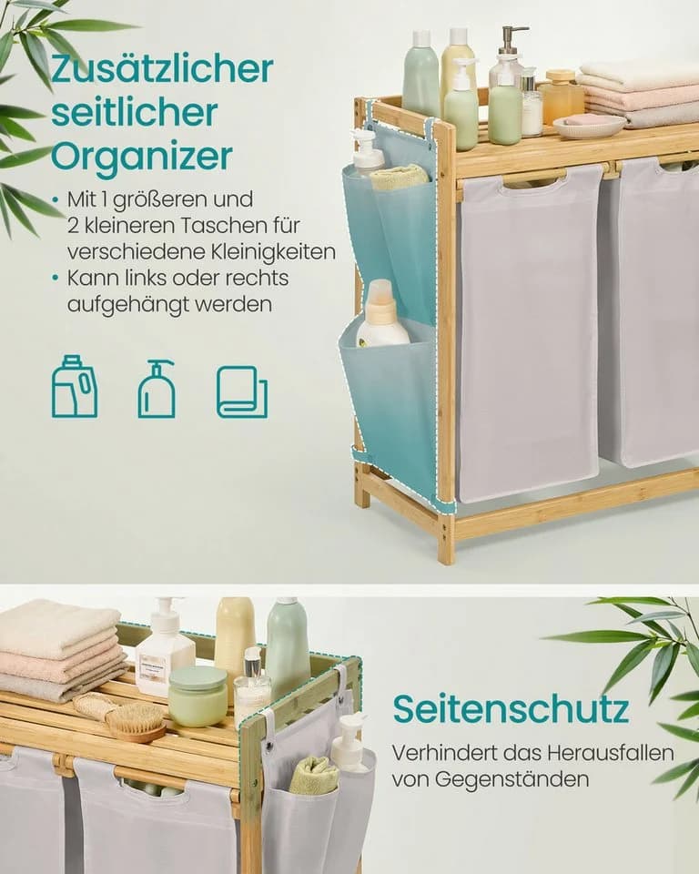 SONGMICS Wäschekorb 3 Fächer Bambus Wäschesammler 150 L Wäschesortierer - Bild 4