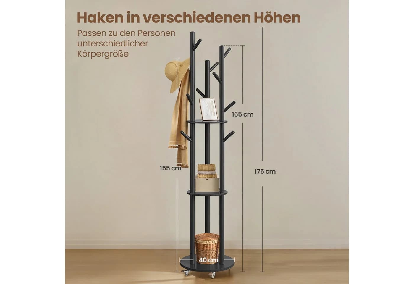 VASAGLE Garderobenständer Kleiderständer 11 Haken 3 Ablagen Tintenschwarz - Bild 3