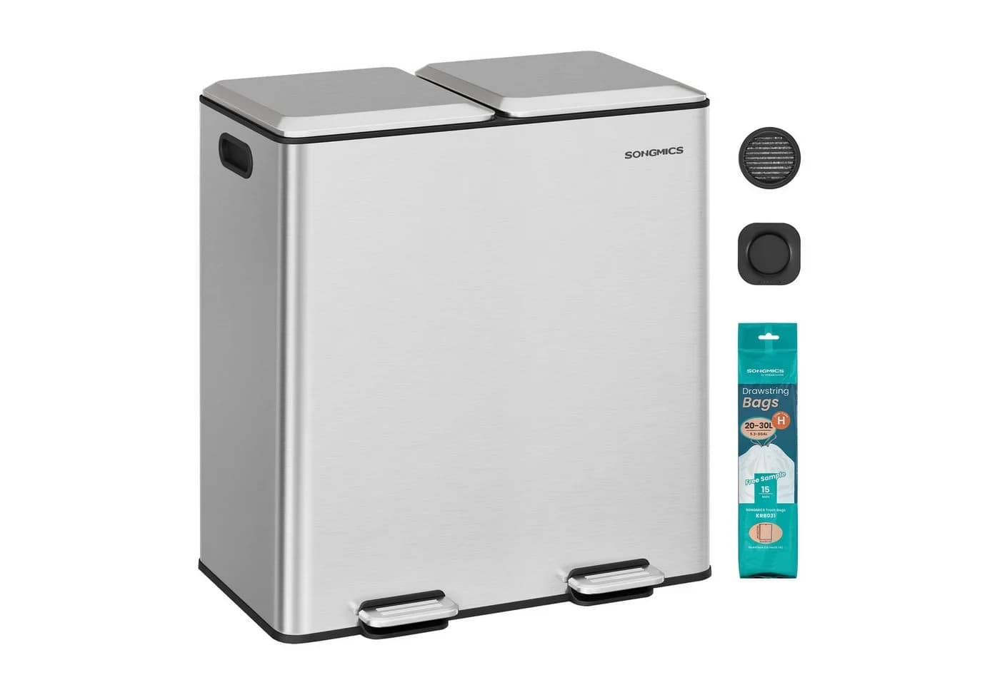 SONGMICS Mülleimer Küche 2x30L Edelstahl Softclose Pedal - Bild 2