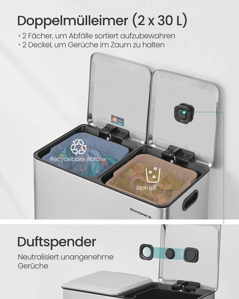SONGMICS Mülleimer Küche 2x30L Edelstahl Softclose Pedal - Bild 3