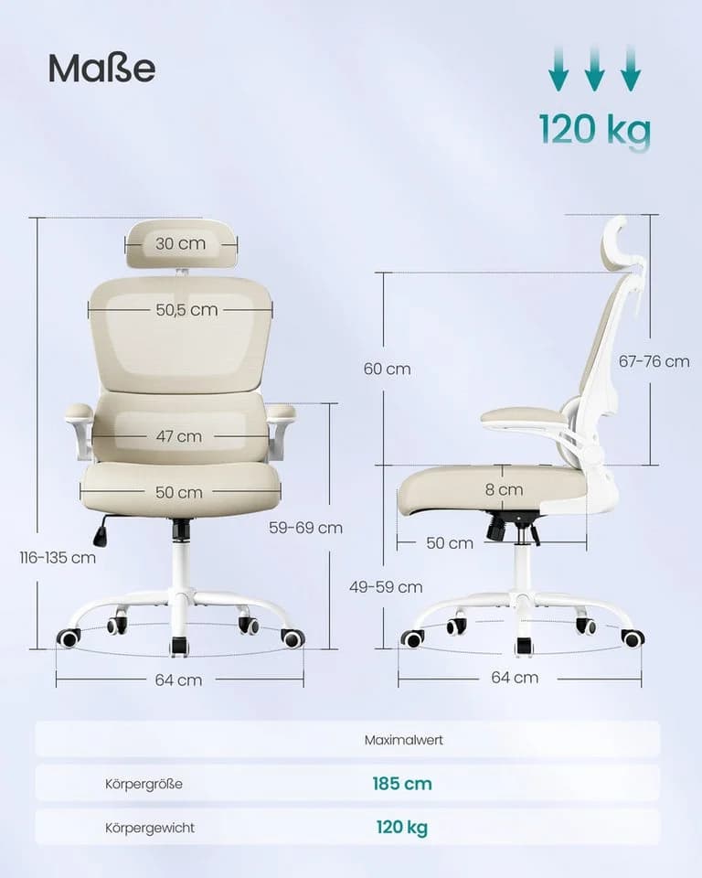 SONGMICS Bürostuhl Netzstuhl Ergonomisch Beige - Bild 3