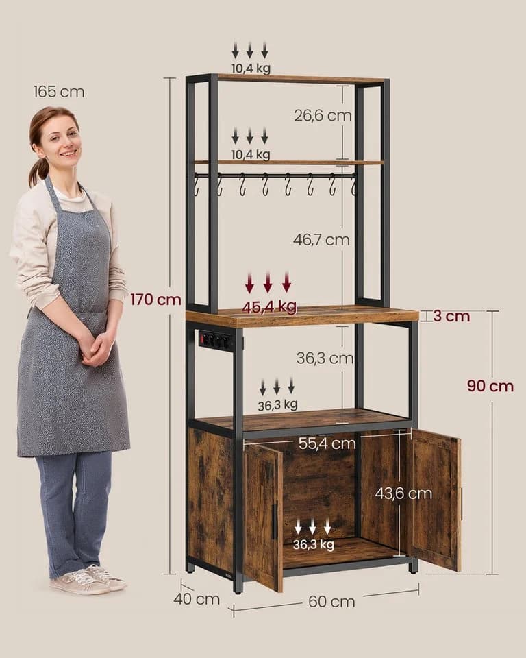 VASAGLE Küchenregal mit Steckdosen 90 cm Arbeitsplatte 8 Haken - Bild 3