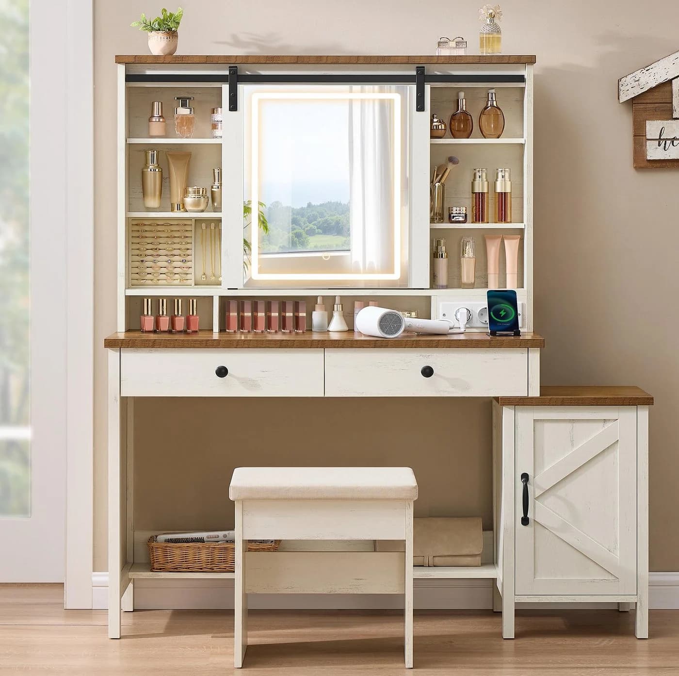 VASAGLE Schminktisch Landhausstil Weiß-Braun 2 Schubladen Ladestation