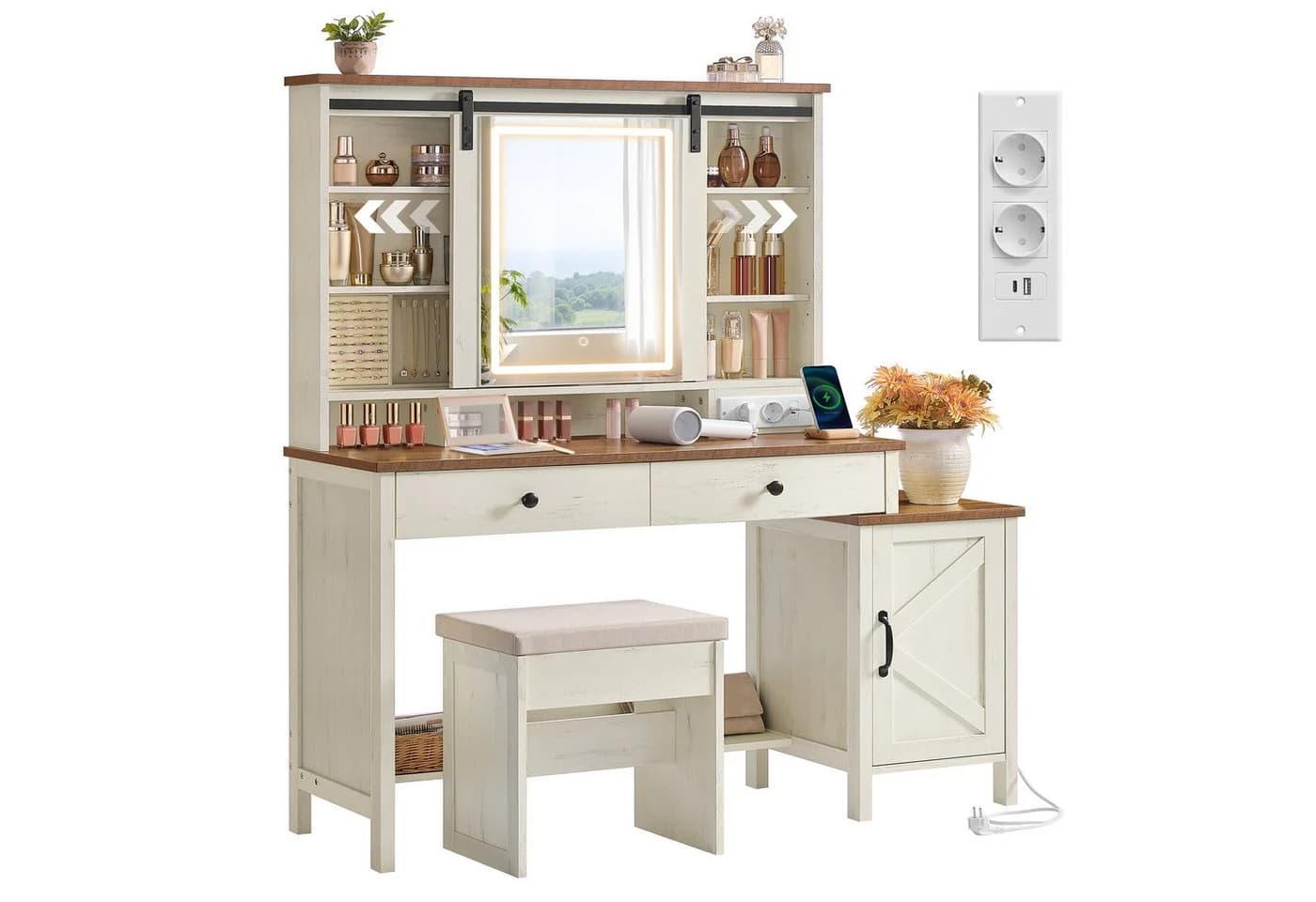 VASAGLE Schminktisch Landhausstil Weiß-Braun 2 Schubladen Ladestation - Bild 3