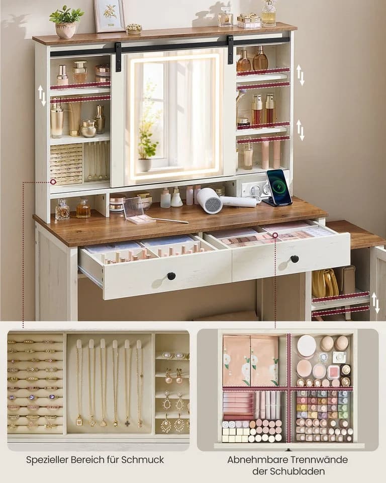 VASAGLE Schminktisch Landhausstil Weiß-Braun 2 Schubladen Ladestation - Bild 4