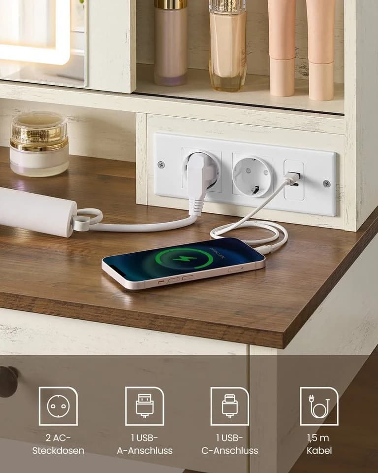 VASAGLE Schminktisch Landhausstil Weiß-Braun 2 Schubladen Ladestation - Bild 5