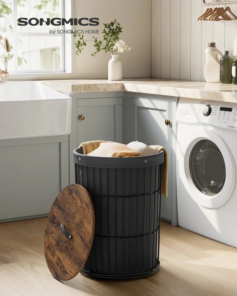 SONGMICS Wäschekorb mit Deckel, Wäschesammler rund, 95 L, herausnehmbarer Wäschesack
