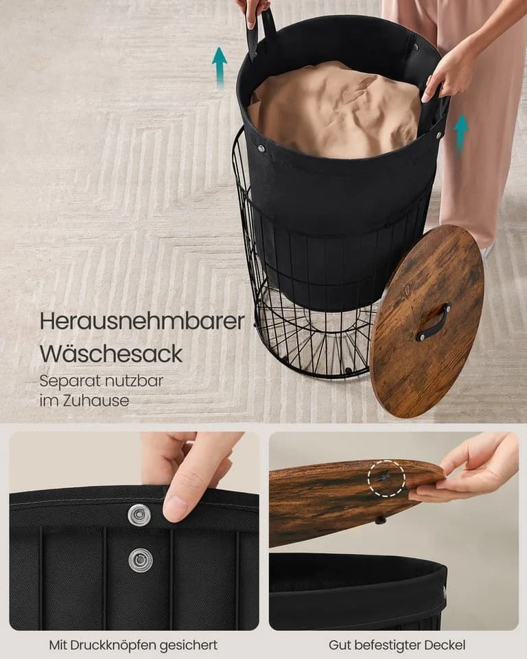 SONGMICS Wäschekorb mit Deckel, Wäschesammler rund, 95 L, herausnehmbarer Wäschesack - Bild 5