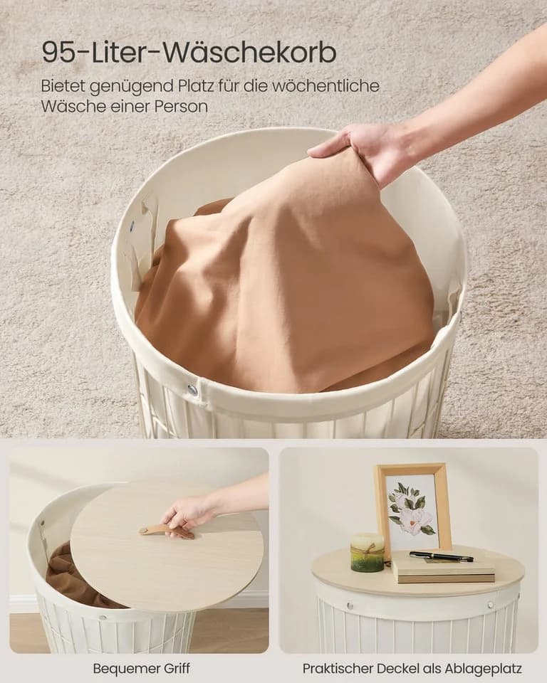 SONGMICS Wäschekorb mit Deckel, Wäschesammler rund, 95 L, herausnehmbarer Wäschesack - Bild 4