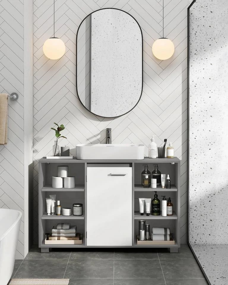 VASAGLE Waschbeckenunterschrank Grau Weiß MDF Metallfüße - Bild 3