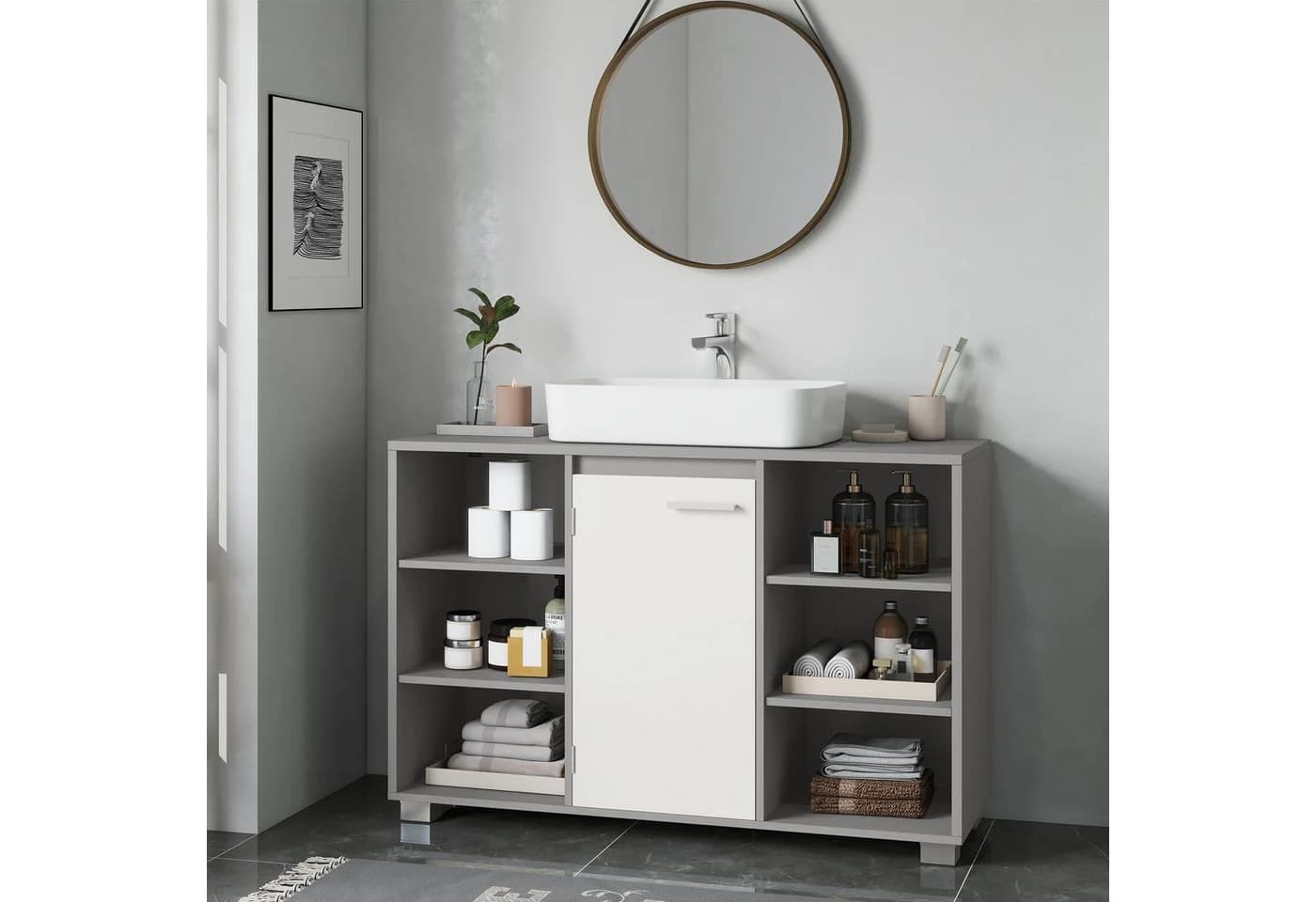 VASAGLE Waschbeckenunterschrank Grau Weiß MDF Metallfüße - Bild 4