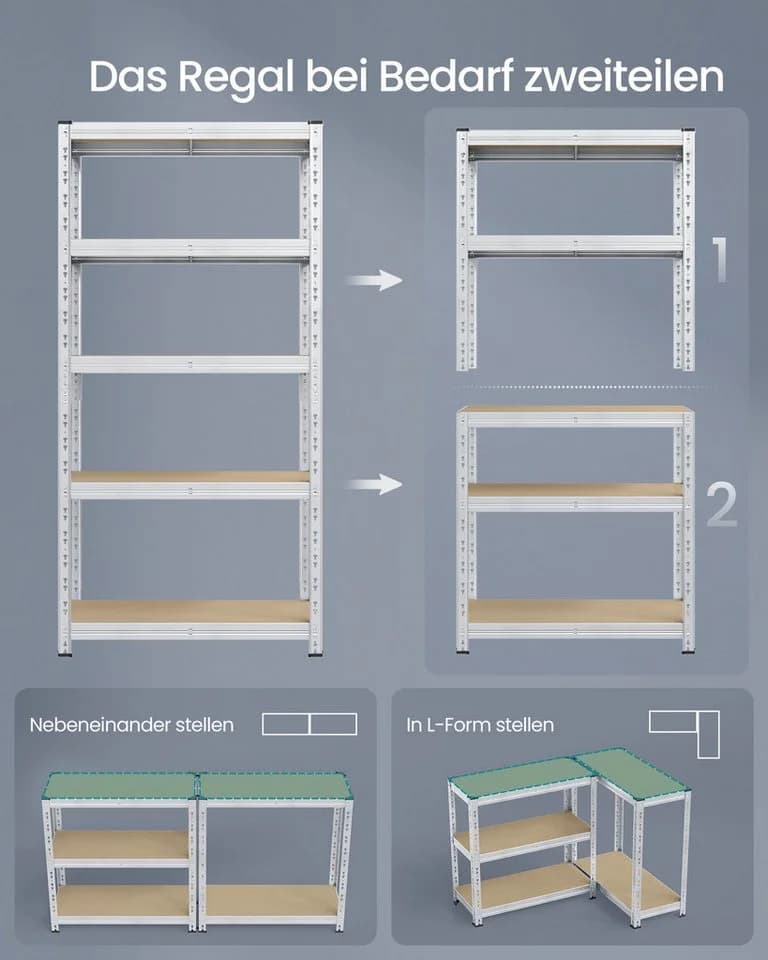SONGMICS Schwerlastregal 2-tlg. Set 40x90x180 cm Silber Stahl MDF - Bild 5