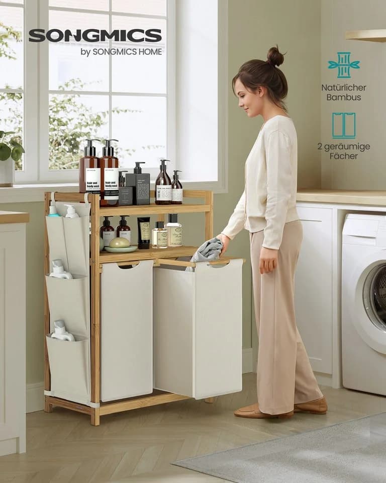 SONGMICS Wäschekorb 2/3 Fächer Bambus Cremeweiß
